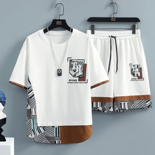 Men's 2Pcs Splice Print T Shirt Short Set