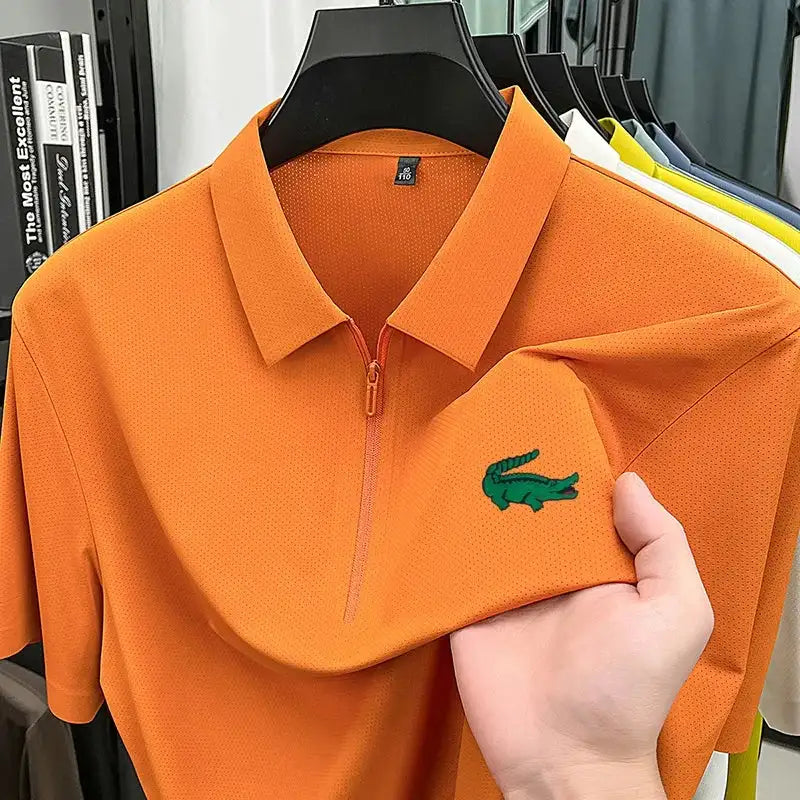 Men's Textured Seamless Half Zipper Short Sleeve Polo Shirt
