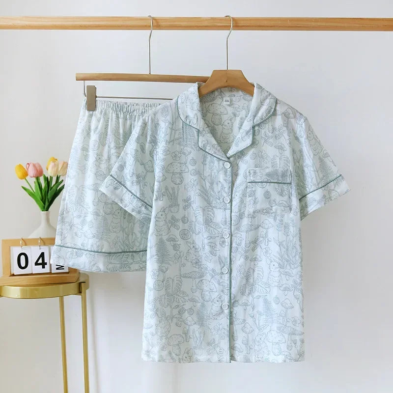 Women's 2Pcs Cotton Gauze Thin Short Sleeved Short Pajamas Set