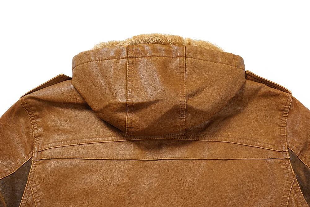 Men's Fur Leather Hooded Zipper Biker Jacket