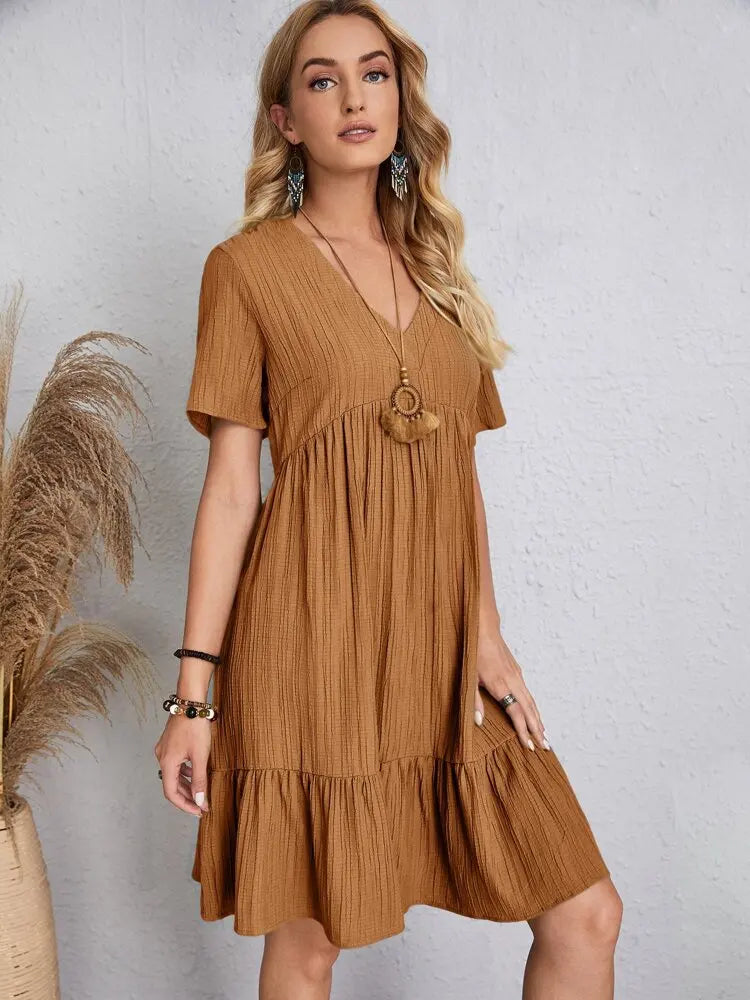 Women's Vintage Solid V-Neck High Waist A-Line Mini Dress