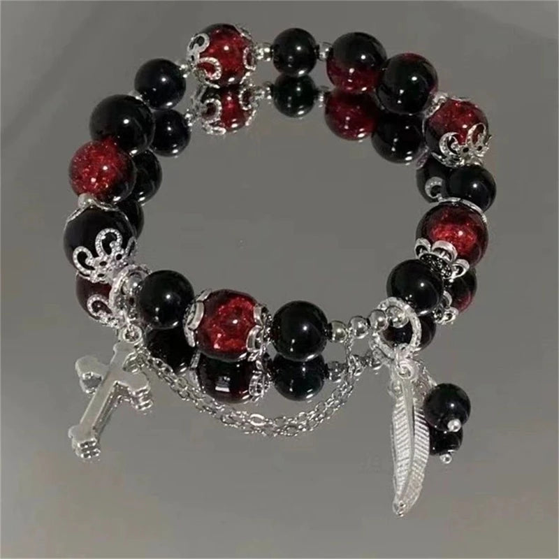 Women's Beaded Red Crystal Feather Pendant Bracelet