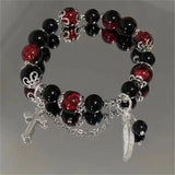 Women's Beaded Red Crystal Feather Pendant Bracelet