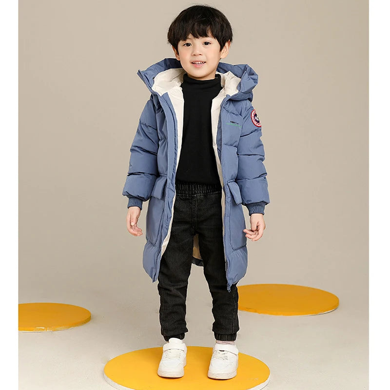 Kids' Solid Color Long Style Warm Hooded Jacket