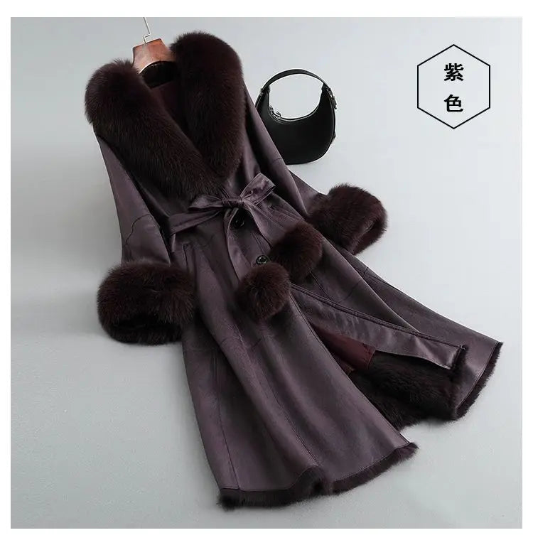 Women's Mid Length Rabbit Fur Fox Fur Collar Slim Fit Coat