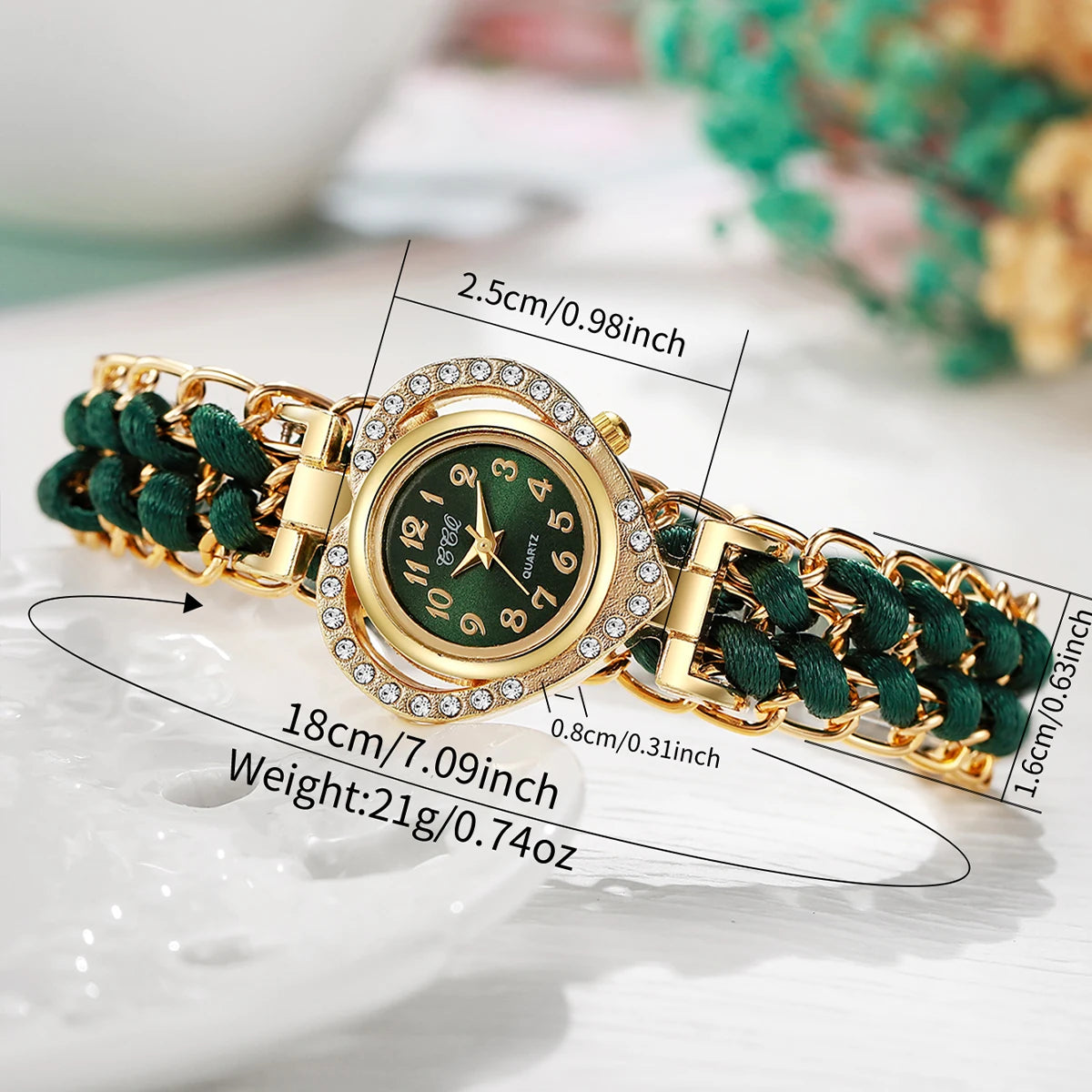 Women's Rhinestone Heart Dial Woven Strap Quartz Wristwatch