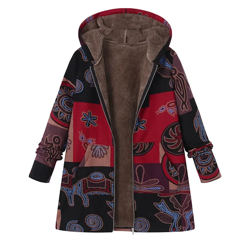 Women's Printed Hooded Long Sleeve Vintage Coat