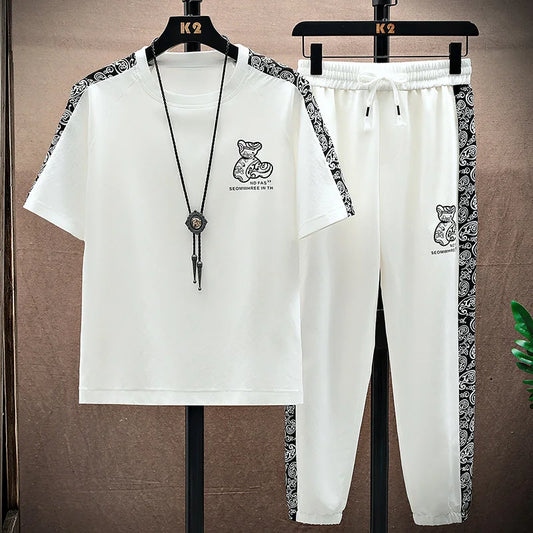 Men's 2Pcs Ice silk Short Sleeve T Shirt Pants Tracksuit Set