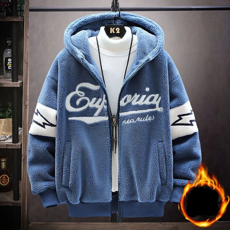 Men's Printed Fleece Thick Warm Hooded  zipper Sweater