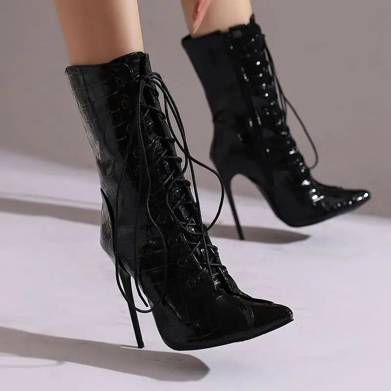 Women's Mid Calf Plaid Pointed Toe Zipper Lace Up Boots