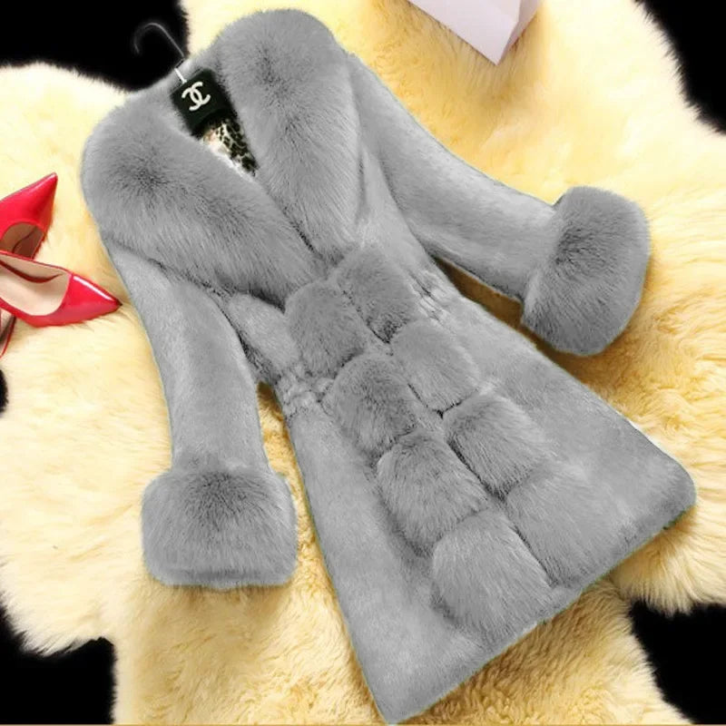 Women's Mid Length Large Size Fur Collar Coat