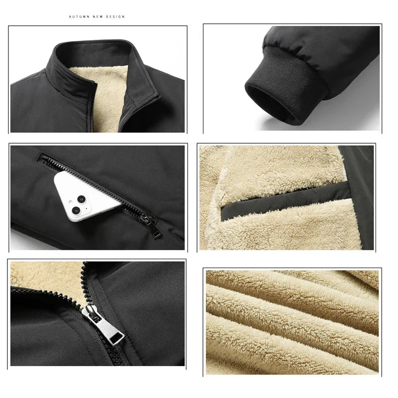 Men's Stand Collar Business Casual Solid Thick Fleece Jacket