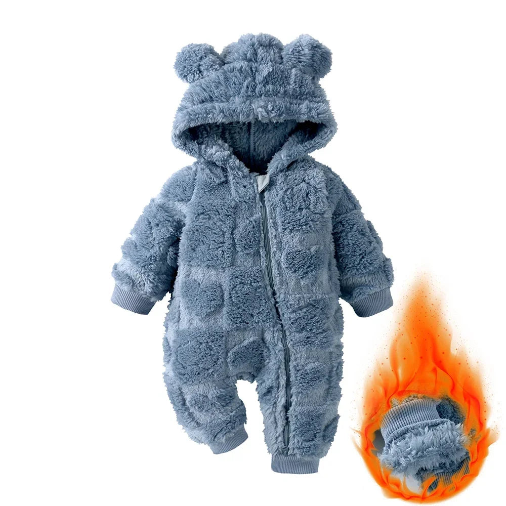 Newborn Baby Thicken Flannel Warm Hooded Jumpsuit Romper