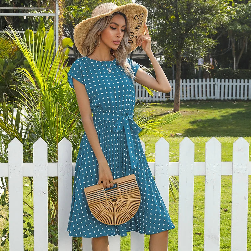 Women's High Waist Midi Elegant Pleated Polka Dots Dress