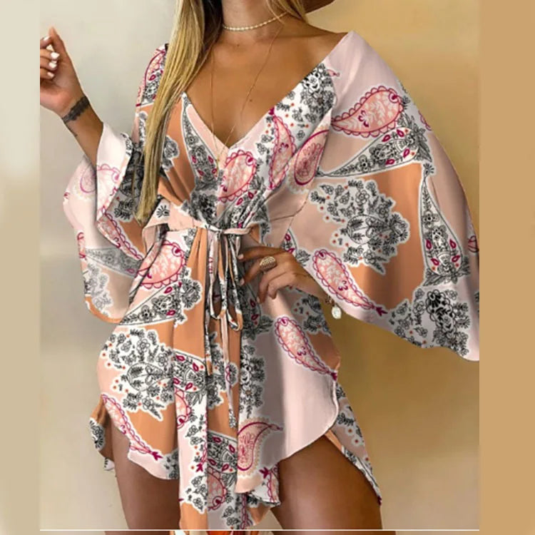 Women's Bohemian Loose Vacation Beach Ruffle Dress