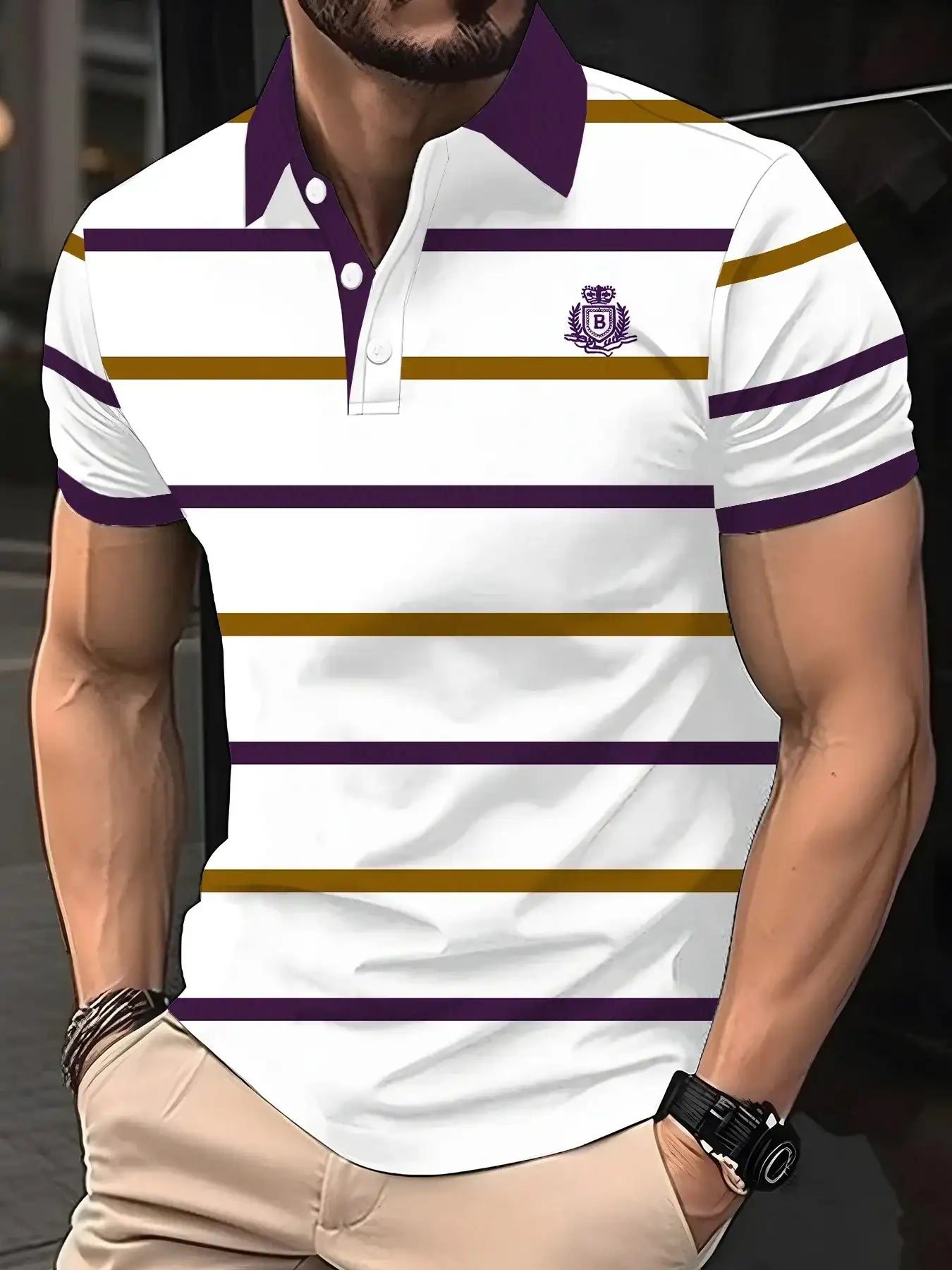 Men's Short Sleeved Striped Breathable Polo T-Shirt