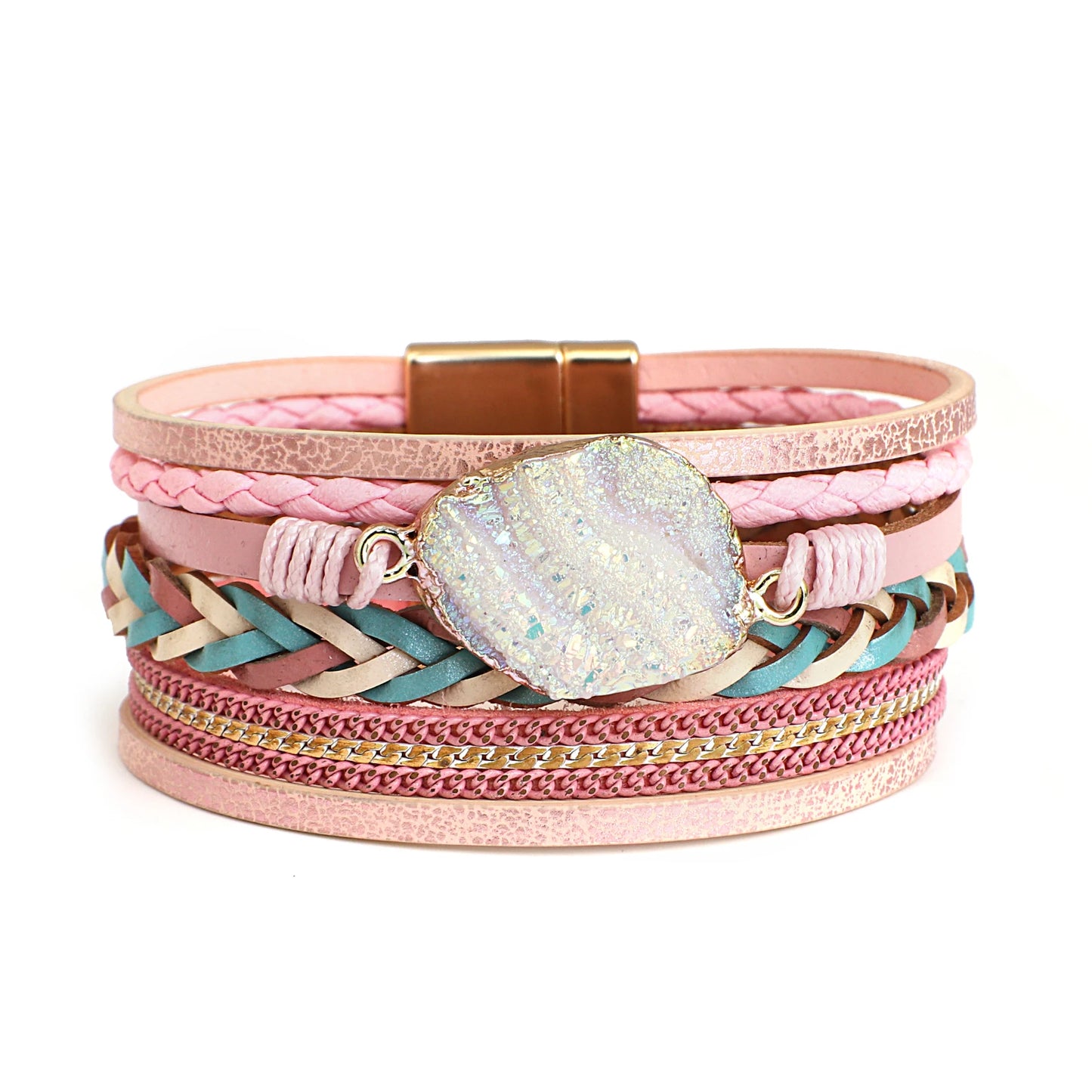 Women's Boho Colorful Stone Leather Multilayer Braided Bracelet