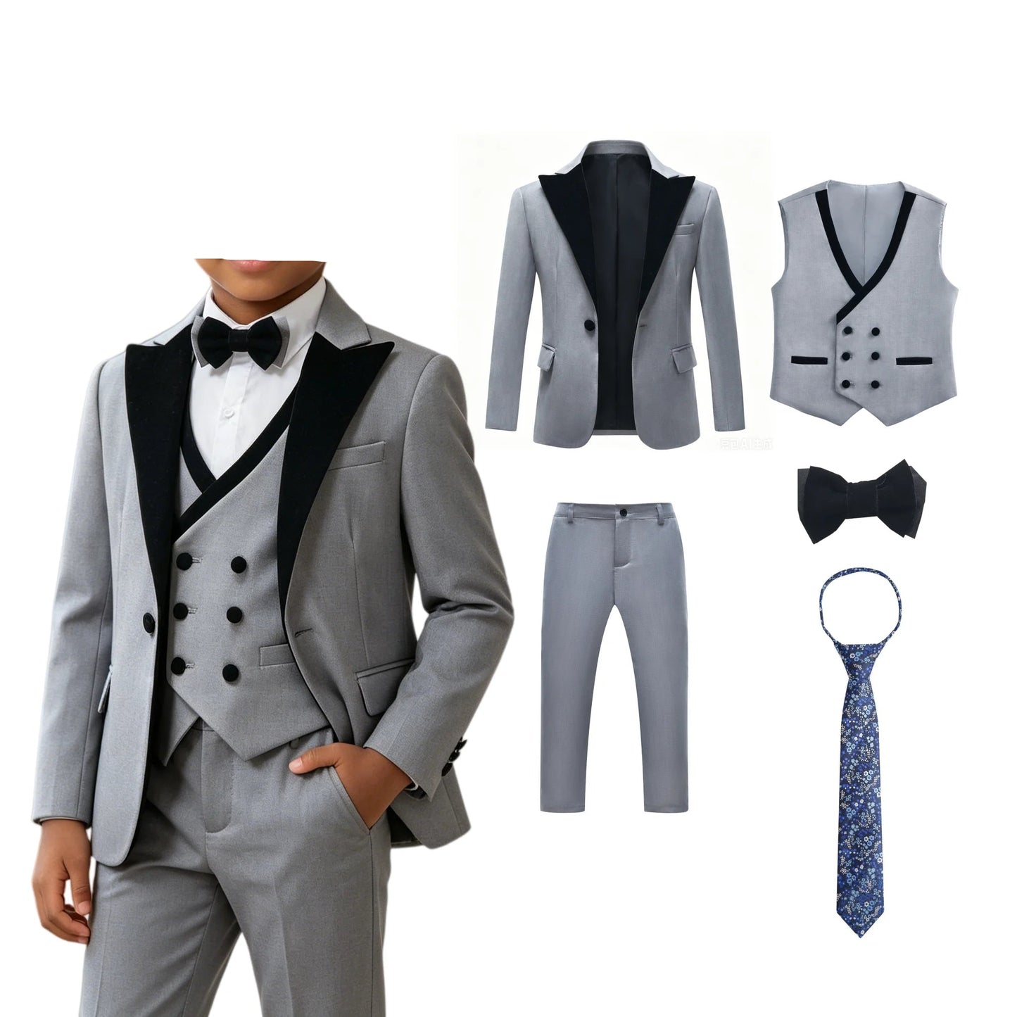 Boys 5Pcs Blazer Vest Pants Bow Tie Necktie Set