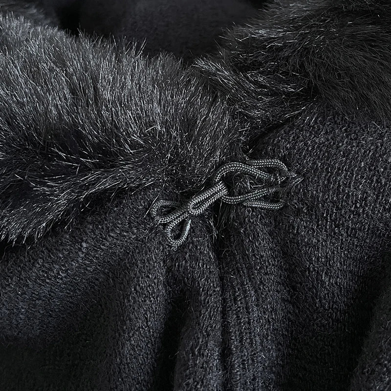 Women's Mink Wool Full Trims Faux Fur Hooded Fleece Cloak Wrap Cape
