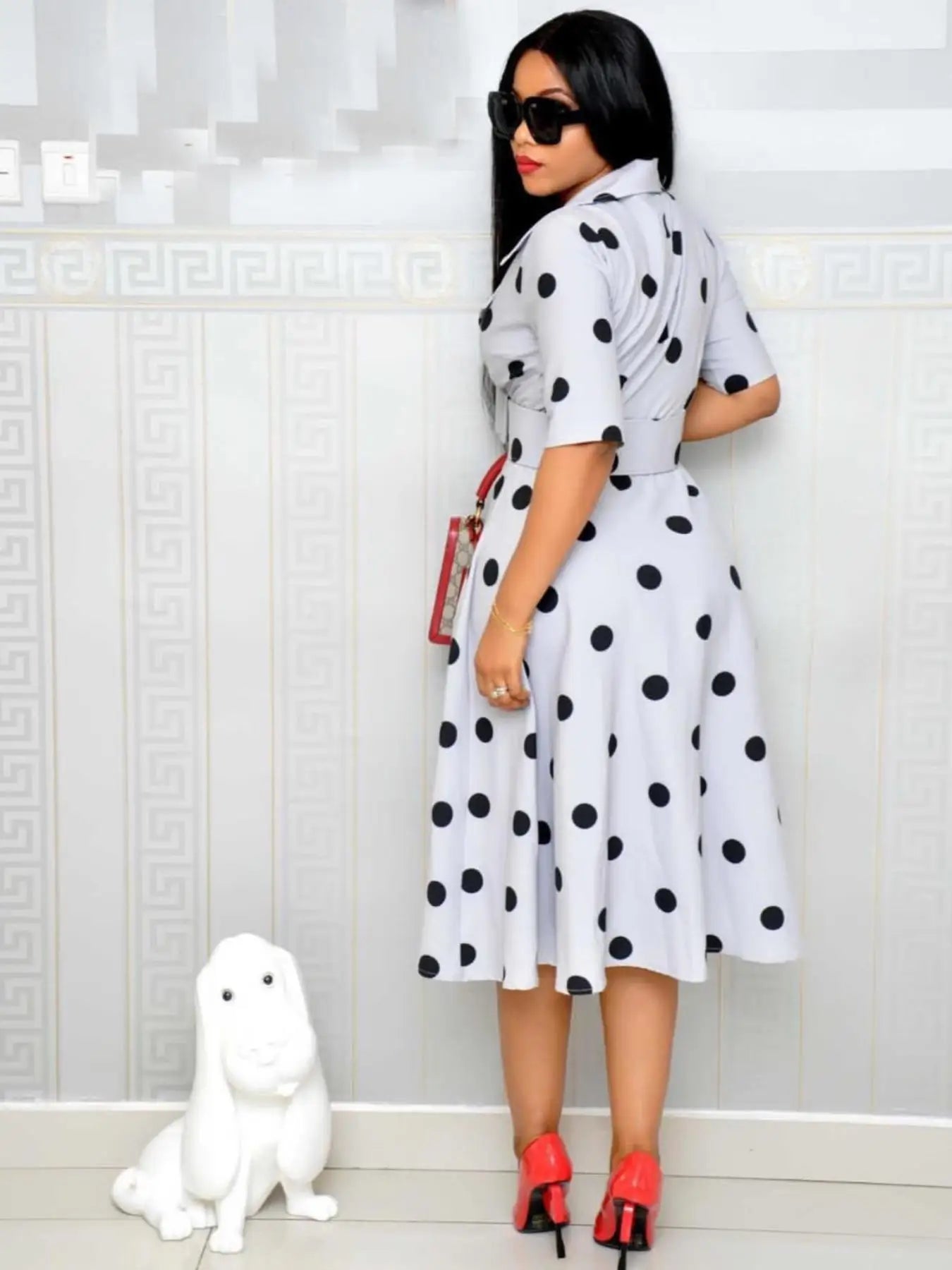 Women's Collar Mid Sleeve Splicing Large Swing Wide Belt Dress