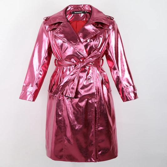 Women's Long Shiny Reflective Patent Leather Trench Coat