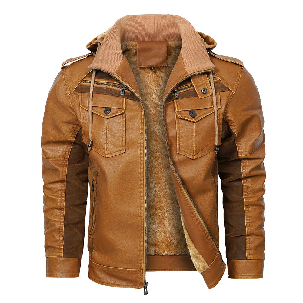 Men's Fur Leather Hooded Zipper Biker Jacket