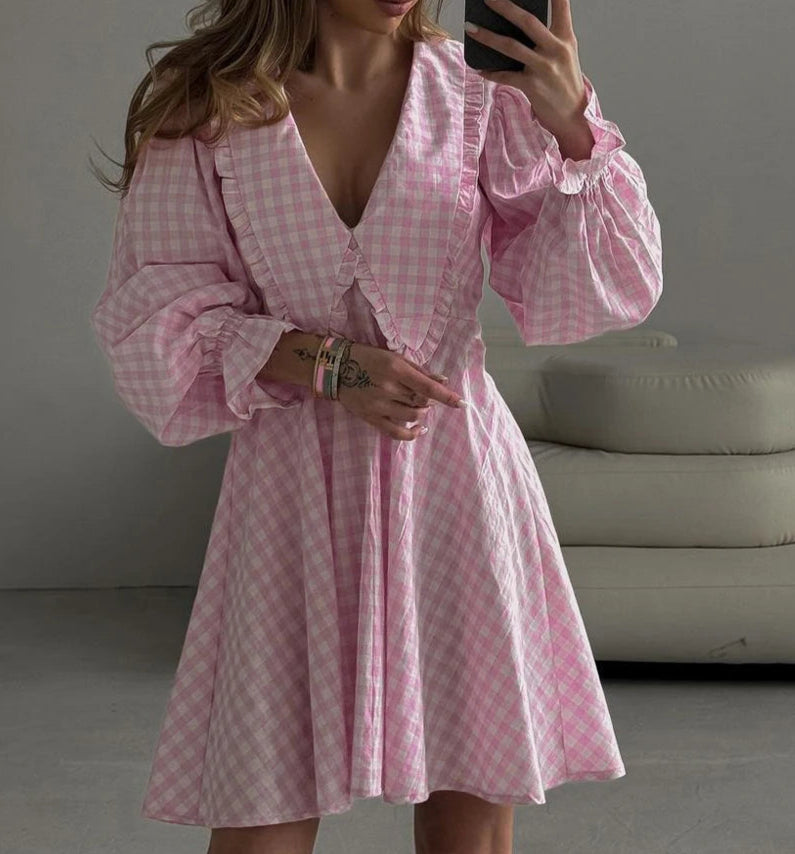 Women's Loose Plaid Cotton Doll Collar Long Sleeve Mini Dress