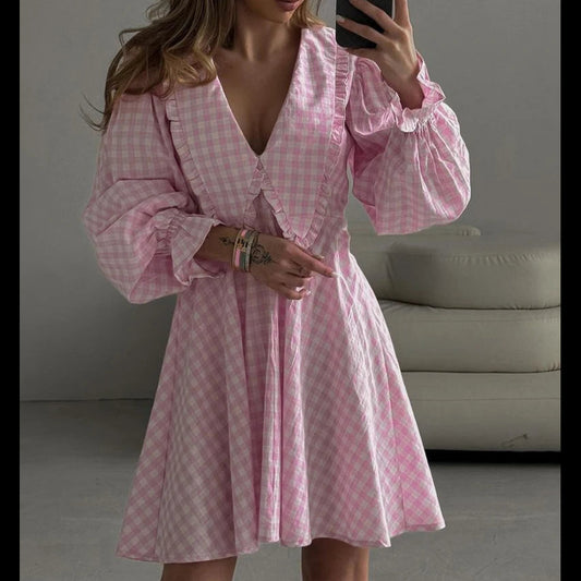 Women's Loose Plaid Cotton Doll Collar Long Sleeve Mini Dress