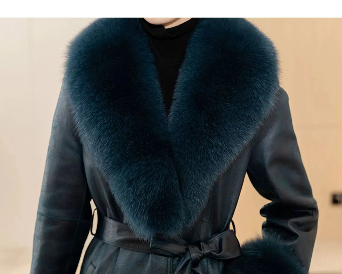 Women's Mid Length Rabbit Fur Fox Fur Collar Slim Fit Coat