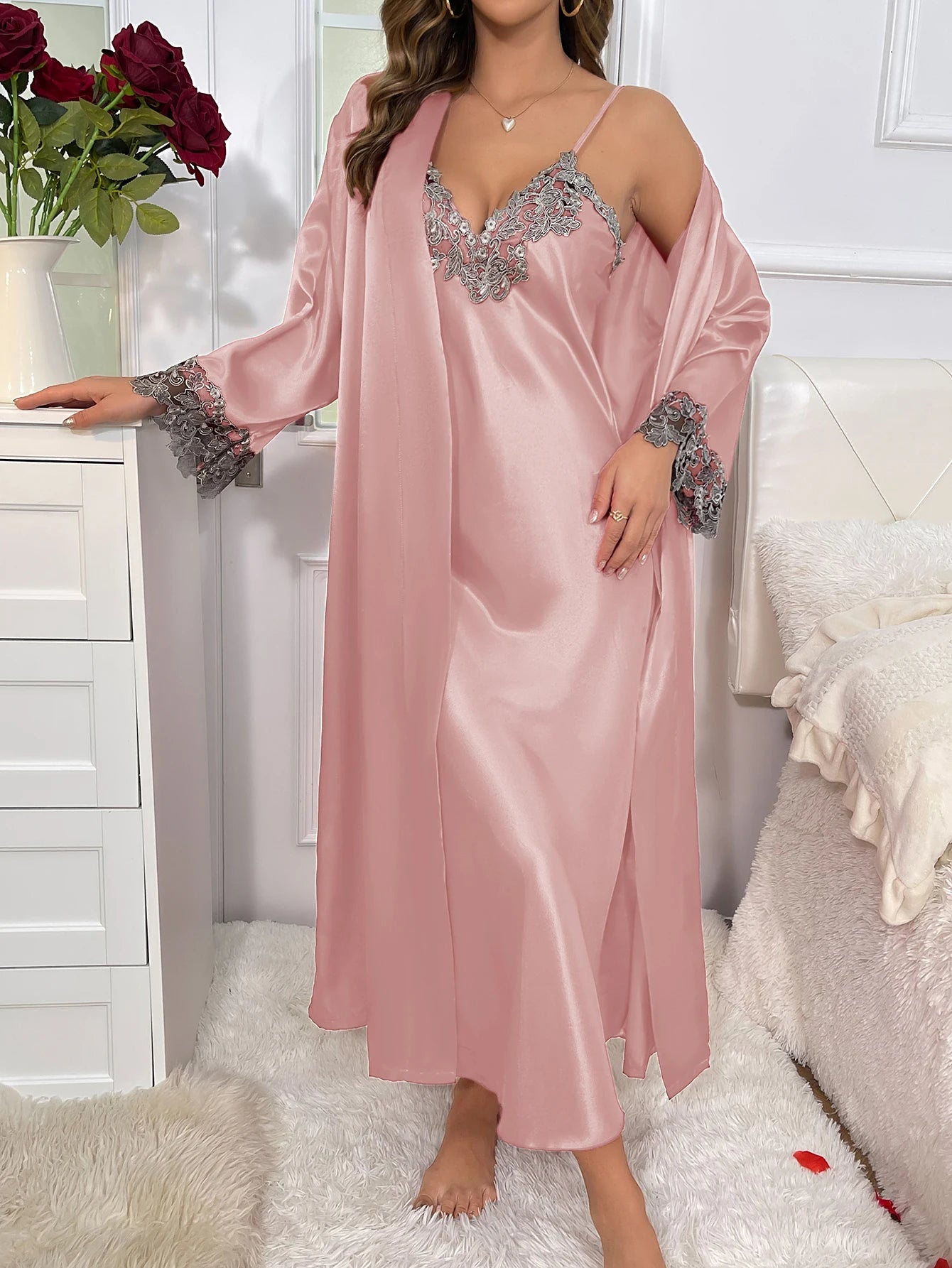 Women's Contrast Lace Long Sleeve Belted Robe Pajamas Set