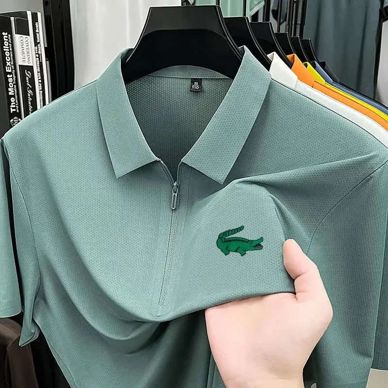 Men's Textured Seamless Half Zipper Short Sleeve Polo Shirt
