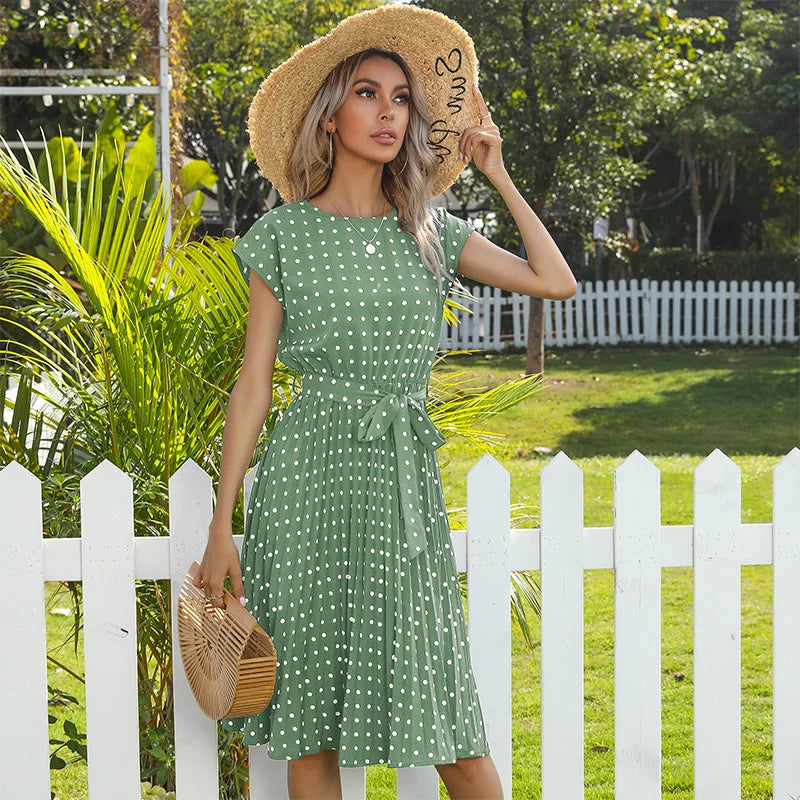 Women's High Waist Midi Elegant Pleated Polka Dots Dress
