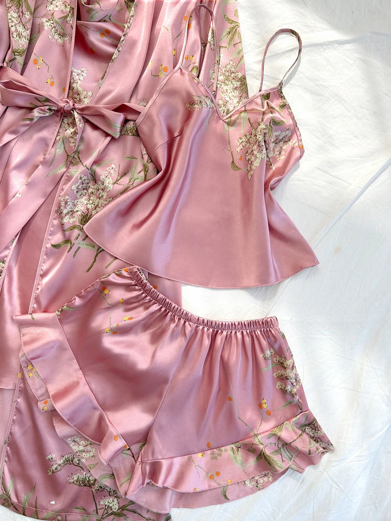 Women's 4Pcs Irregular Cherry Print Comfortable Bathrobe Halter Shorts Pajama Set