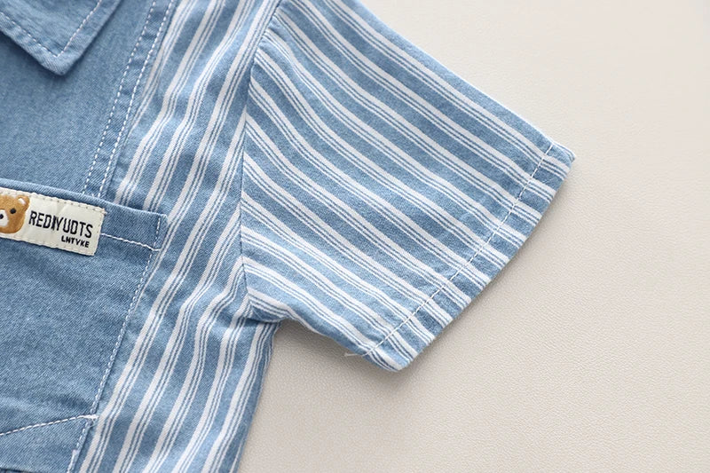 Kids' 2Pcs Denim Striped Shirt Short Suit Set