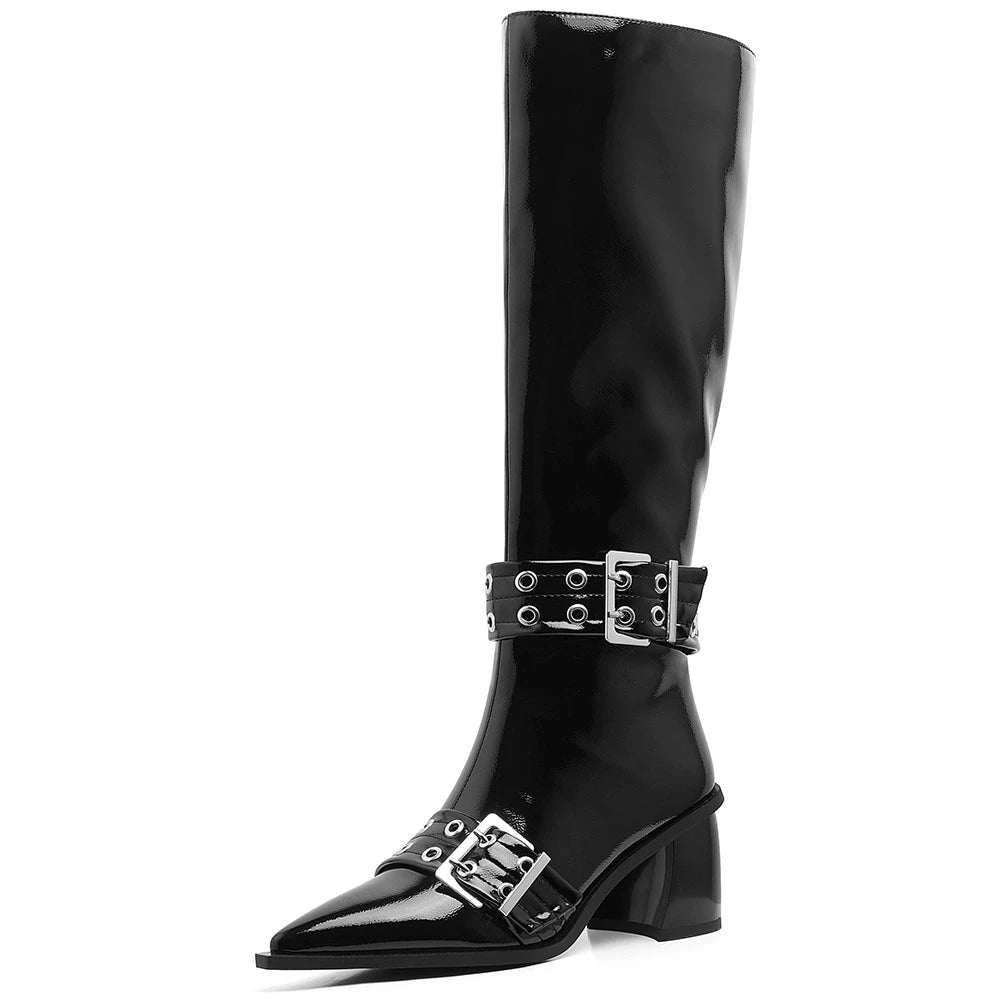 Women's Leather Metal Buckle Zipper Knee Boots