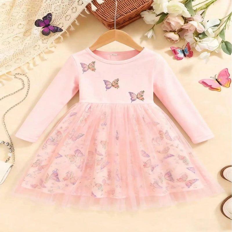 Girls Round Neck Long Sleeve Trumpet Skirt Knee Mesh Dress