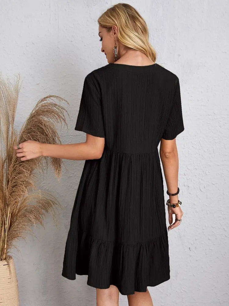 Women's Vintage Solid V-Neck High Waist A-Line Mini Dress
