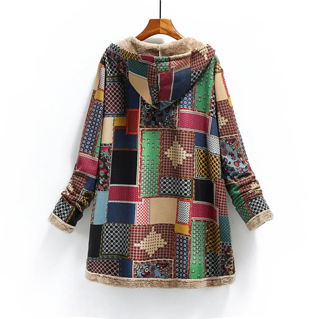 Women's Print Thick Fleece Hooded Long Loose Coat