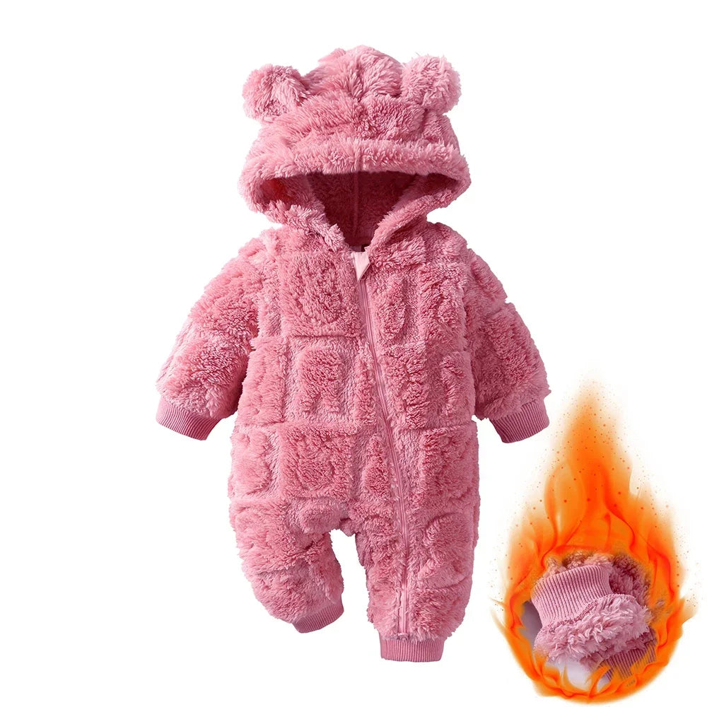 Newborn Baby Thicken Flannel Warm Hooded Jumpsuit Romper