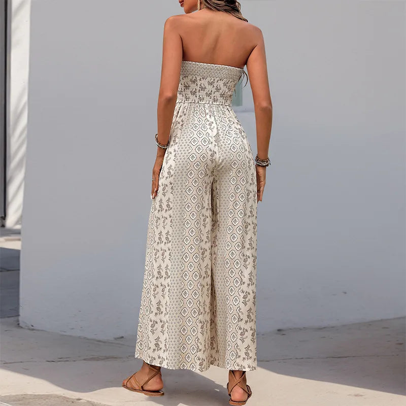 Women's Sleeveless Strapless Lace Up Wide Leg Pants Jumpsuit