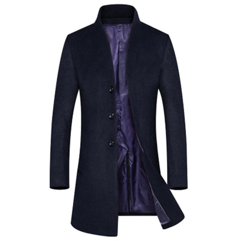 Men's Mid Long Solid Color Slim Wool Trench Coat