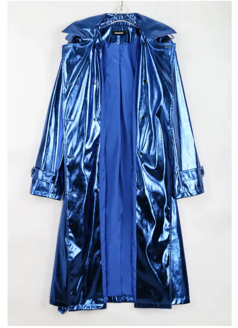 Women's Long Shiny Reflective Patent Leather Trench Coat