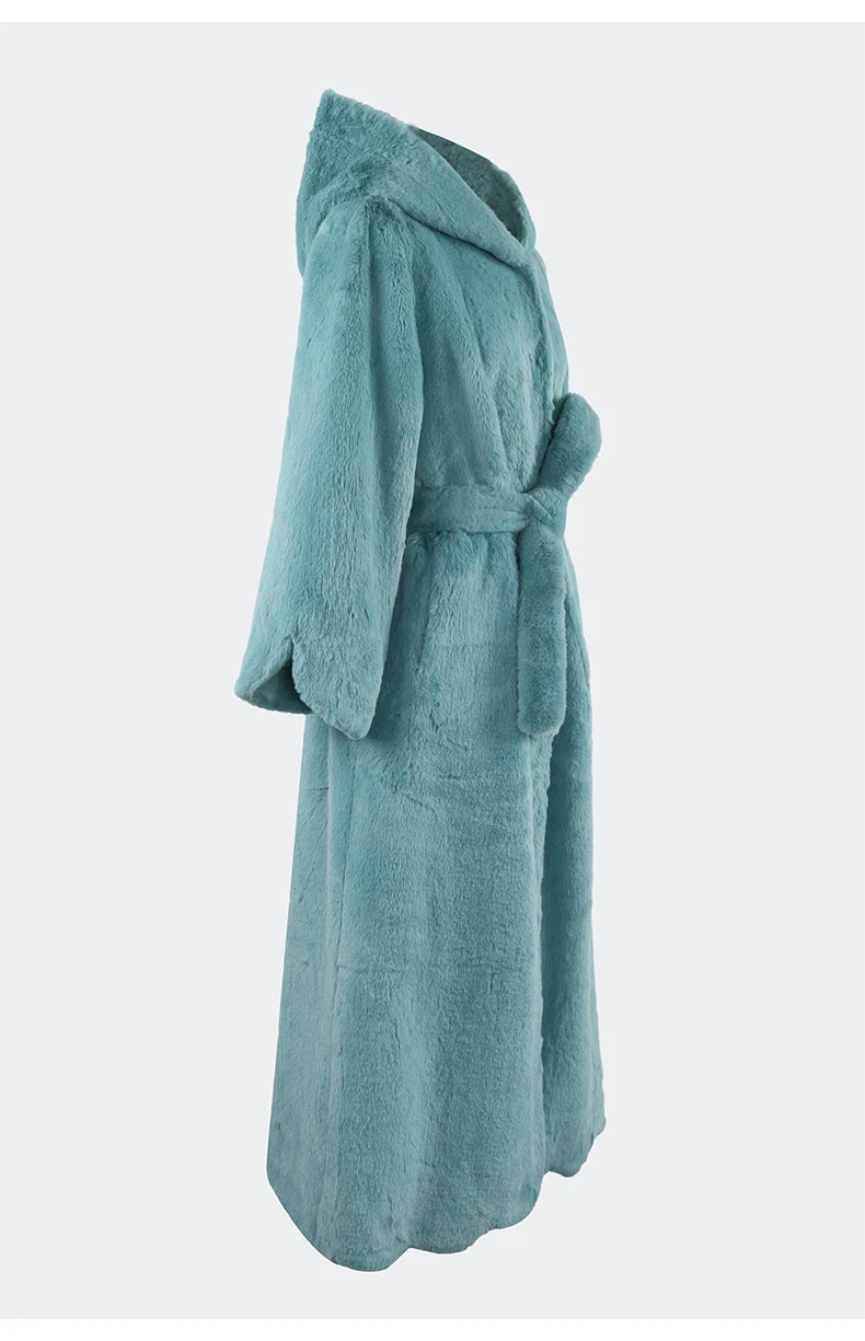 Women's Long Soft Fluffy Faux Rex Rabbit Fur Coat