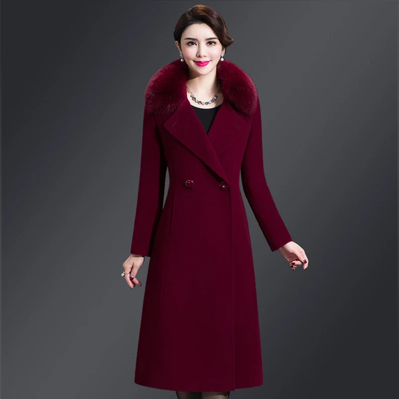 Women's Long Slim Fur Collar High Quality Coat