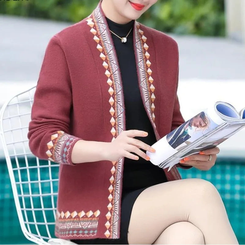 Women's Vintage V-neck Patchwork Loose Knitted Cardigan Sweater