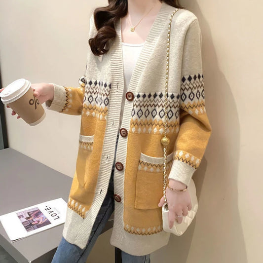 Women's V-neck Long Sleeve Printing  Knitting Button Sweater