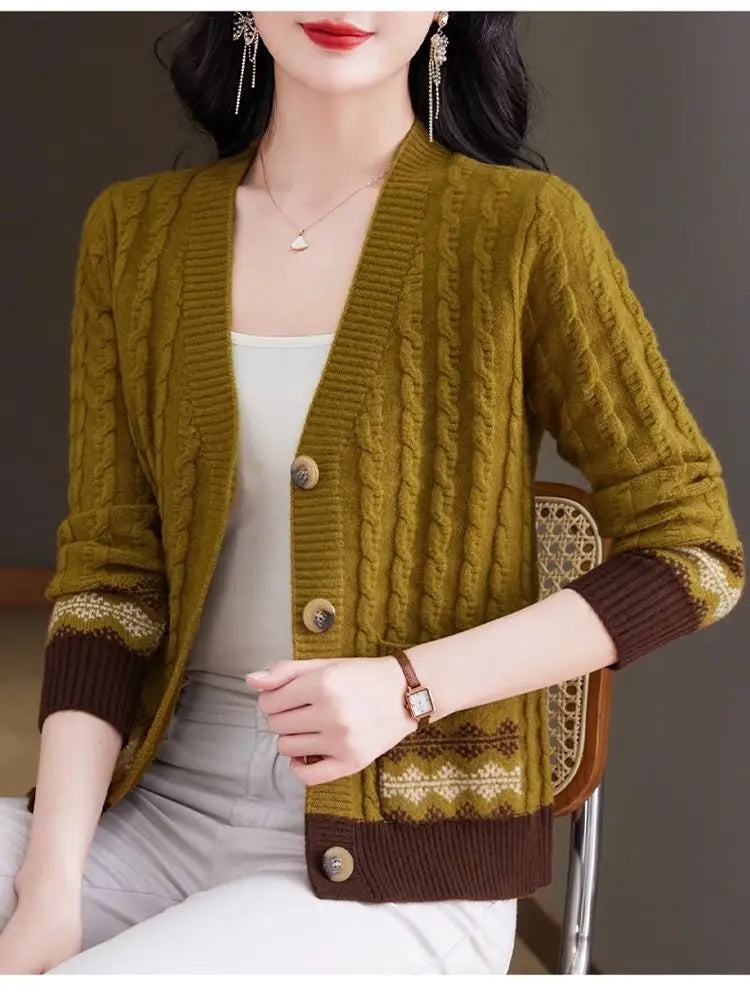 Women's Vintage V-Neck Button Pocket Knitted Cardigan Sweater