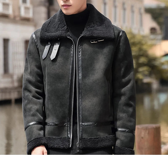 Men's Fur Collar Lamb Wool Comfort Leather Jacket
