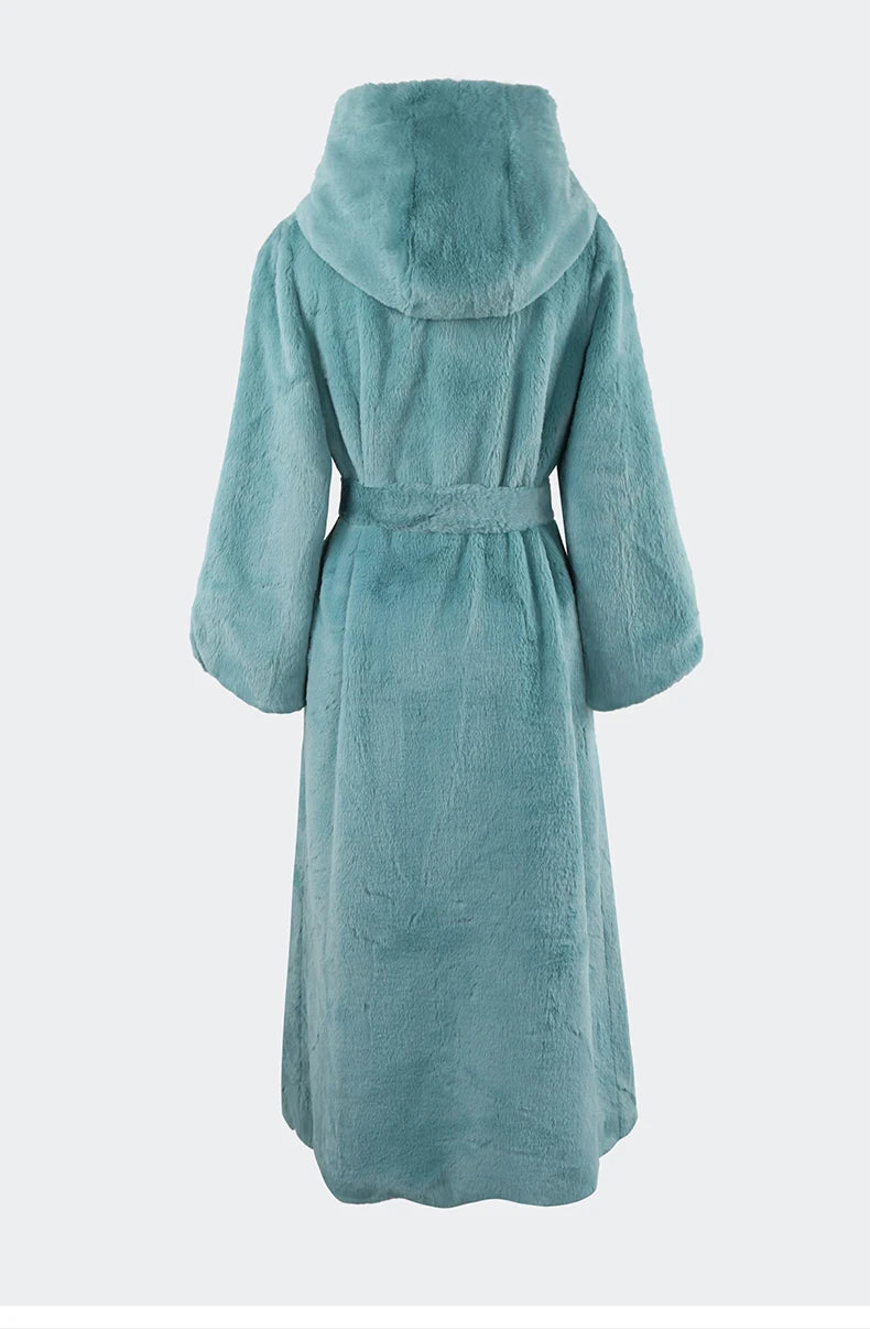 Women's Long Soft Fluffy Faux Rex Rabbit Fur Coat