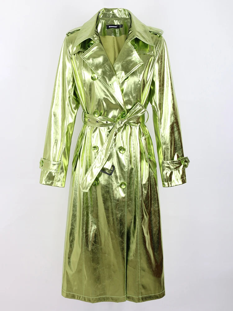 Women's Long Shiny Reflective Patent Leather Trench Coat